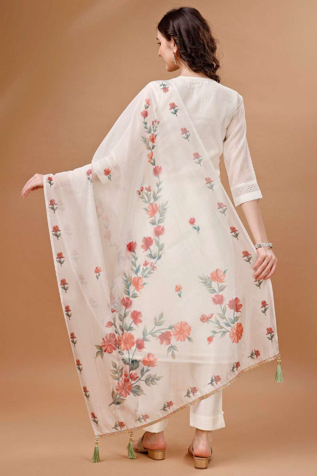 White Embroidered Chanderi Silk Kurti Pant Set