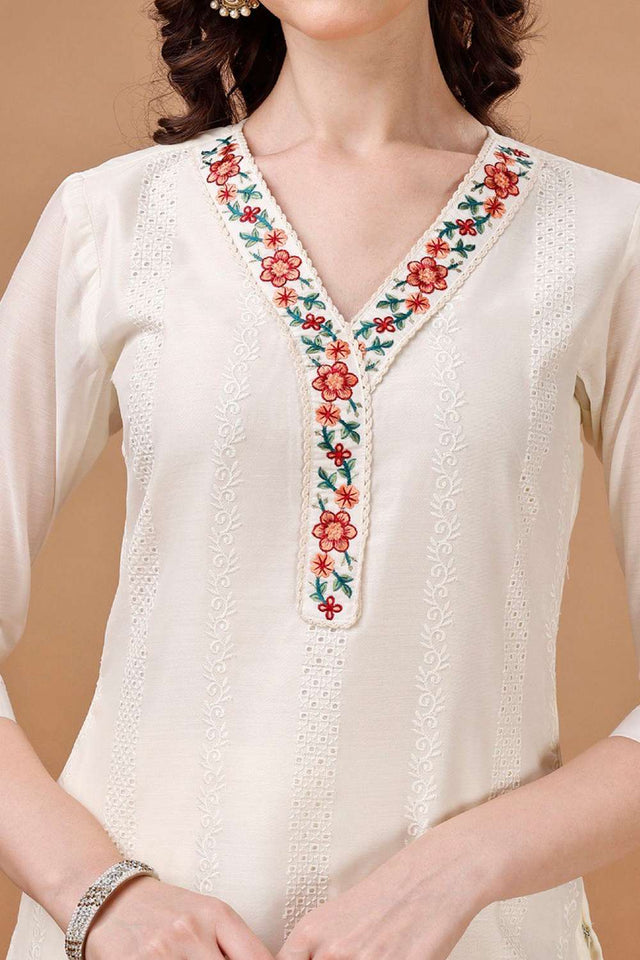 White Embroidered Chanderi Silk Kurti Pant Set