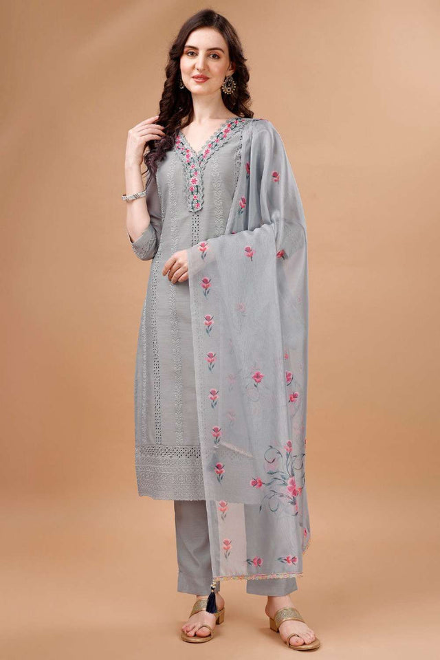 Light Grey Embroidered Chanderi Silk Kurti Pant Set