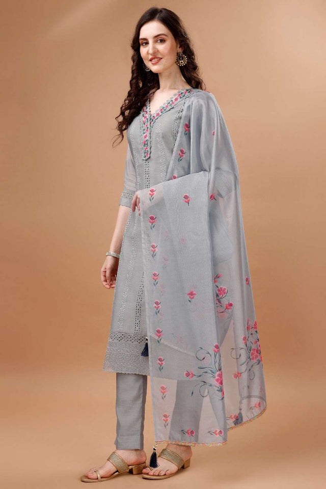 Light Grey Embroidered Chanderi Silk Kurti Pant Set