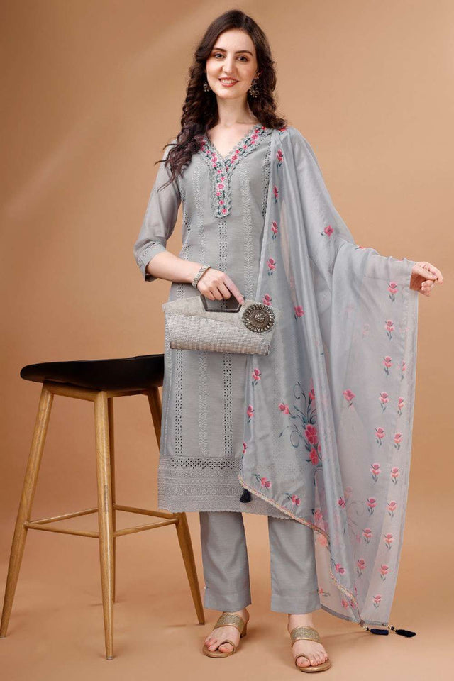 Light Grey Embroidered Chanderi Silk Kurti Pant Set