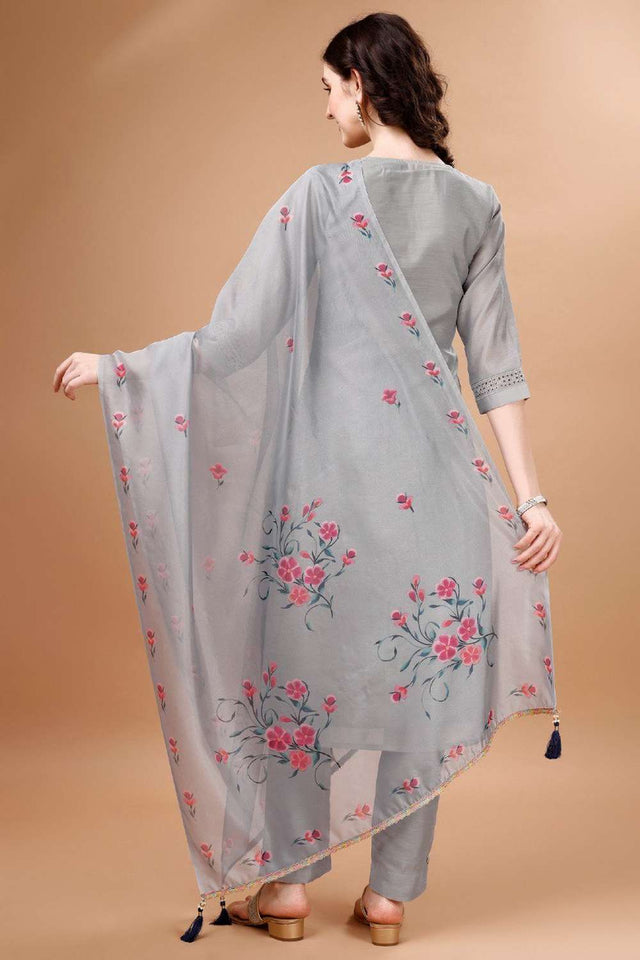 Light Grey Embroidered Chanderi Silk Kurti Pant Set