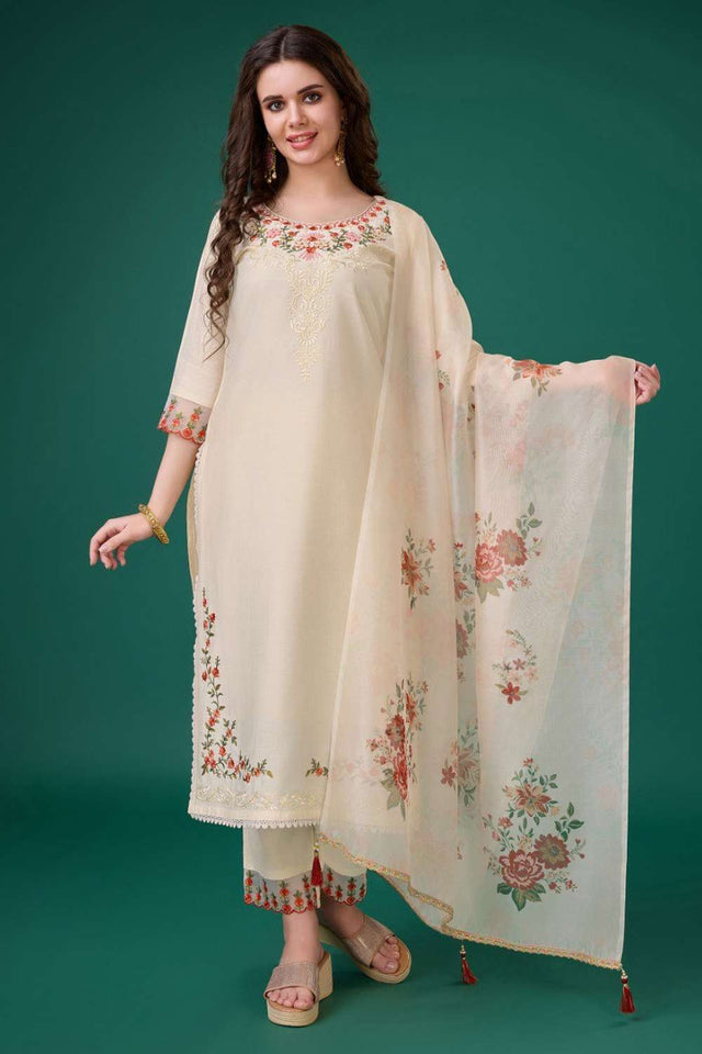 Cream Embroidered Viscose Silk Kurti Pant Set