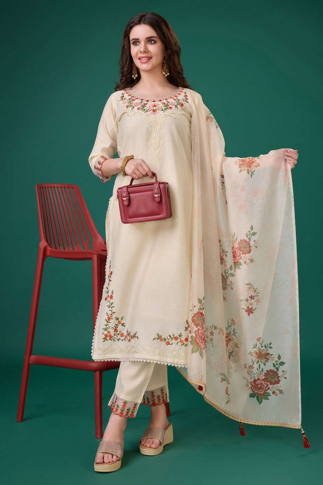 Cream Embroidered Viscose Silk Kurti Pant Set