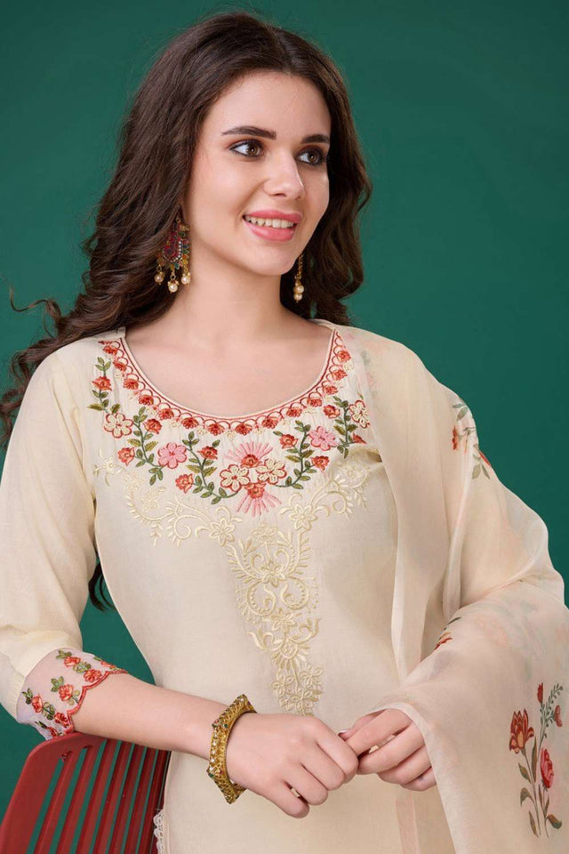 Cream Embroidered Viscose Silk Kurti Pant Set