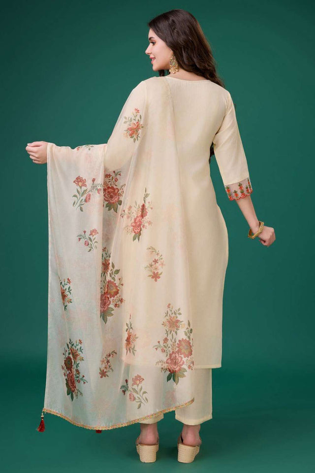 Cream Embroidered Viscose Silk Kurti Pant Set