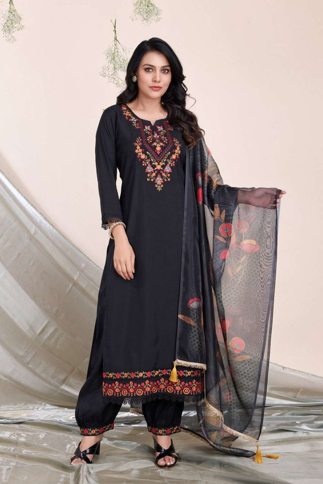 Black Embroidered Viscose Silk Kurti Pant Set