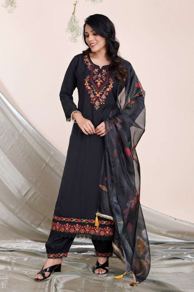 Black Embroidered Viscose Silk Kurti Pant Set