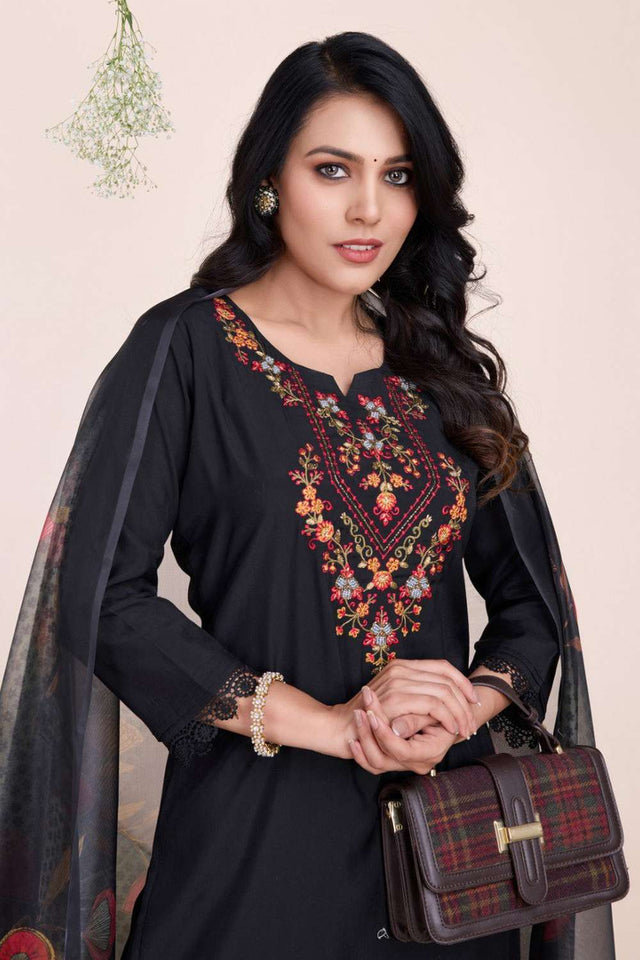 Black Embroidered Viscose Silk Kurti Pant Set