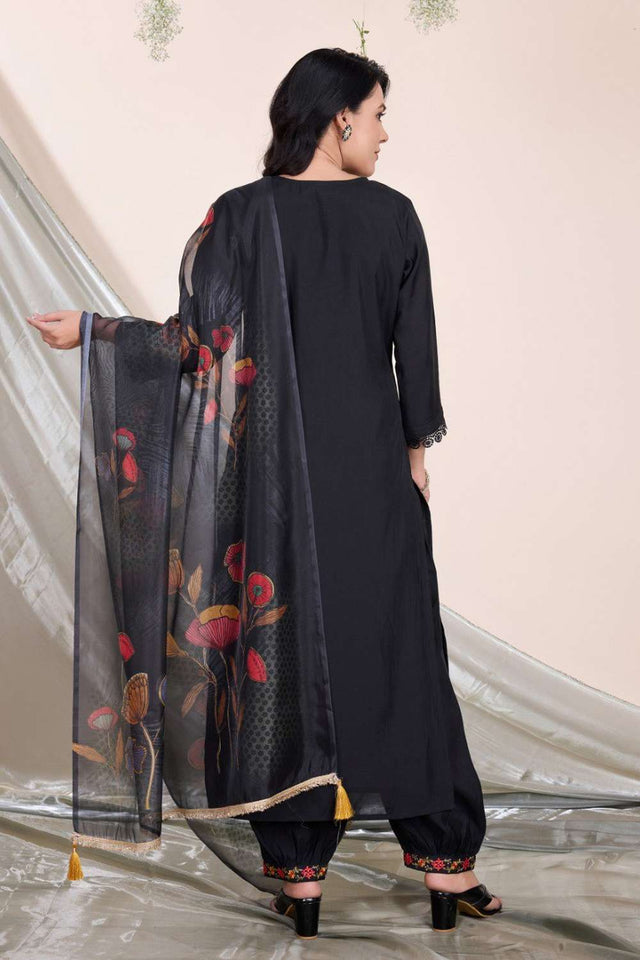 Black Embroidered Viscose Silk Kurti Pant Set