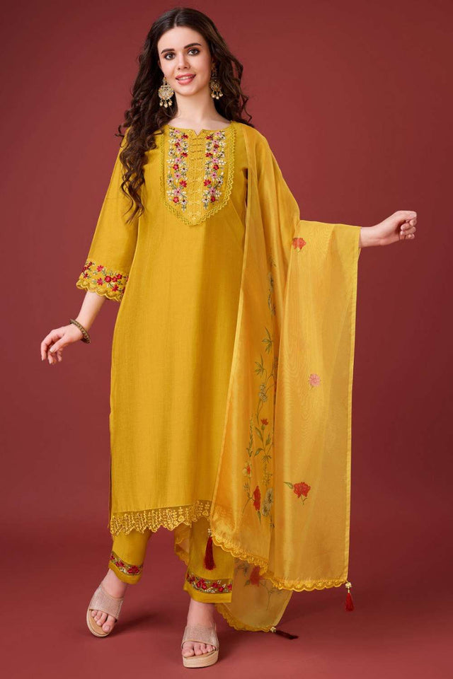 Yellow Embroidered Viscose Silk Kurti Pant Set