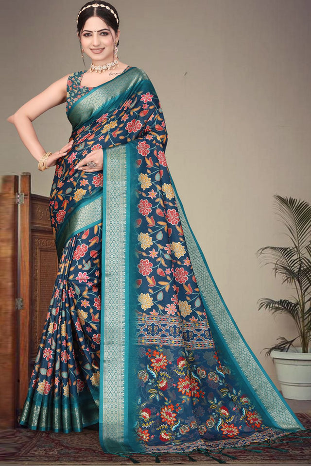 Blue Floral Printed Cotton Silk Saree (AXALI1-BLUE)