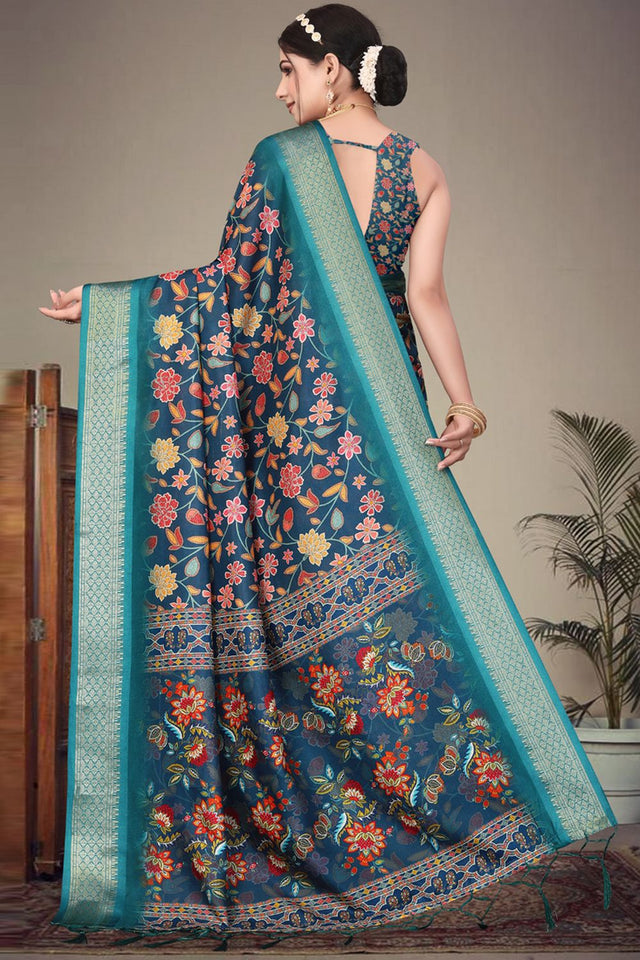 Blue Floral Printed Cotton Silk Saree (AXALI1-BLUE)