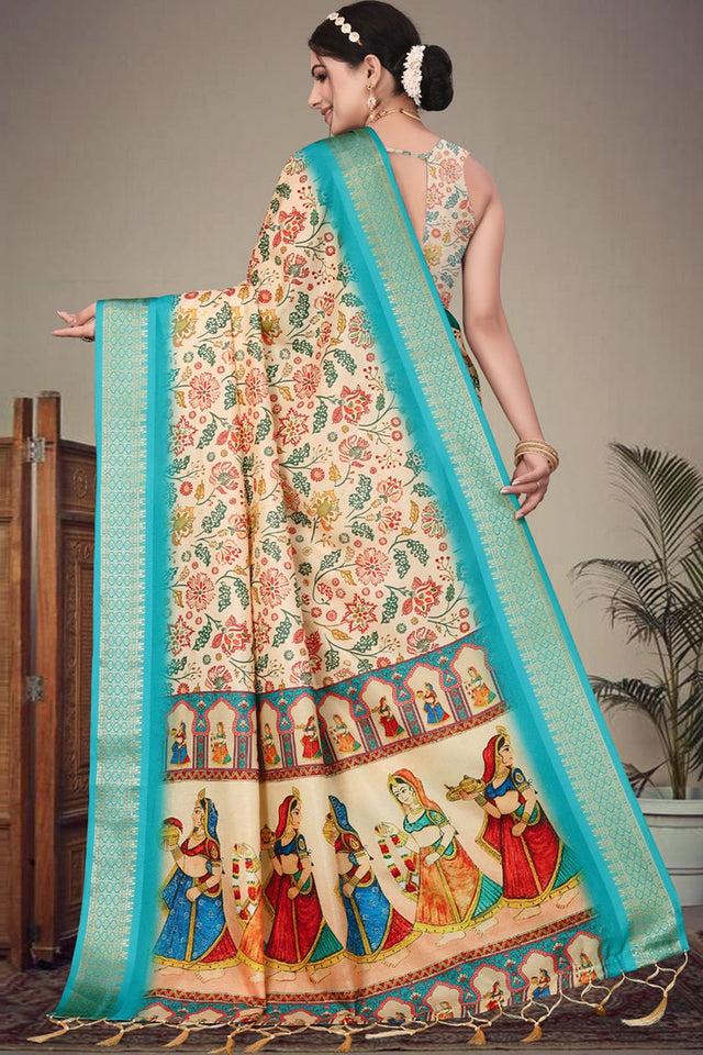 Cream Floral Printed Cotton Silk Saree (AXALI1-CREAM)