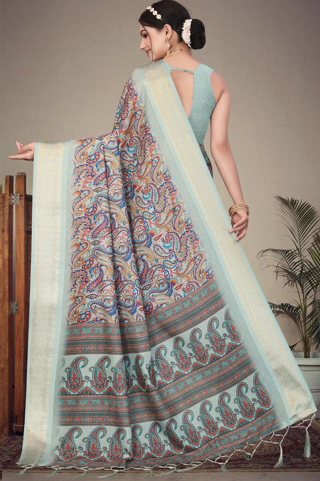 Green Floral Printed Cotton Silk Saree (AXALI1-OLIVE)