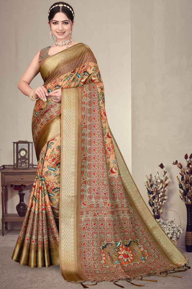 Brown Floral Printed Cotton Silk Saree (AXALI2-BROWN)