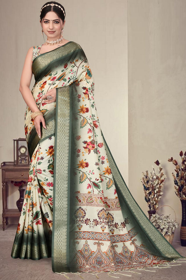 Green Floral Printed Cotton Silk Saree (AXALI2-GREEN)