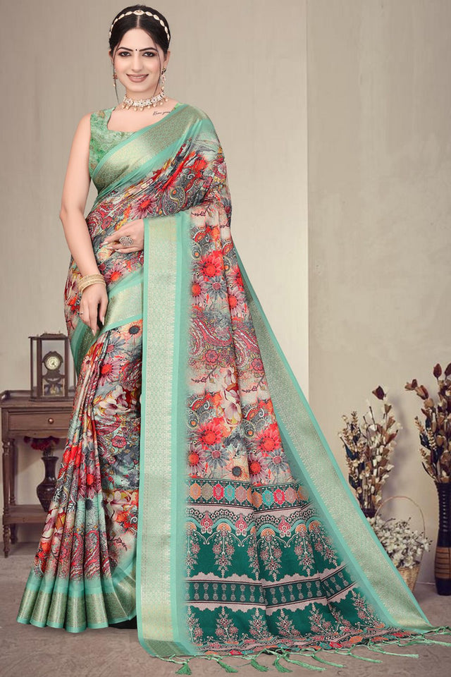 Green Floral Printed Cotton Silk Saree (AXALI2-LIGHTGREEN)