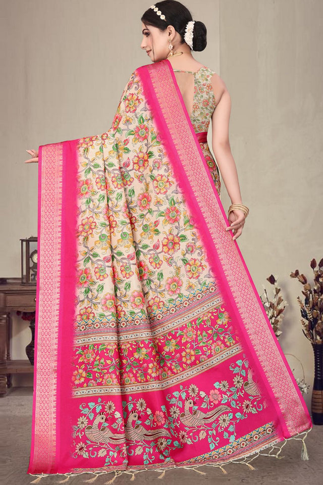 Pink Floral Printed Cotton Silk Saree (AXALI2-PINK)