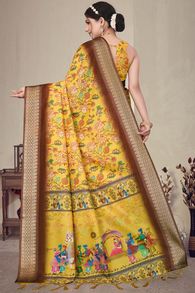 Yellow Floral Printed Cotton Silk Saree (AXALI2-YELLOW)