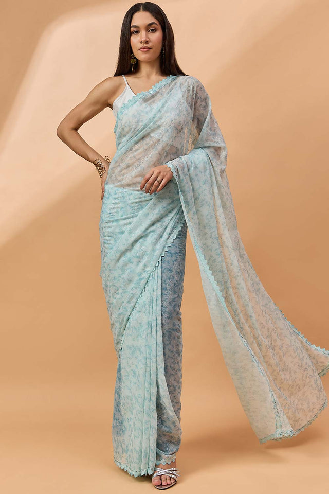 Blue Pure Georgette Woven Saree