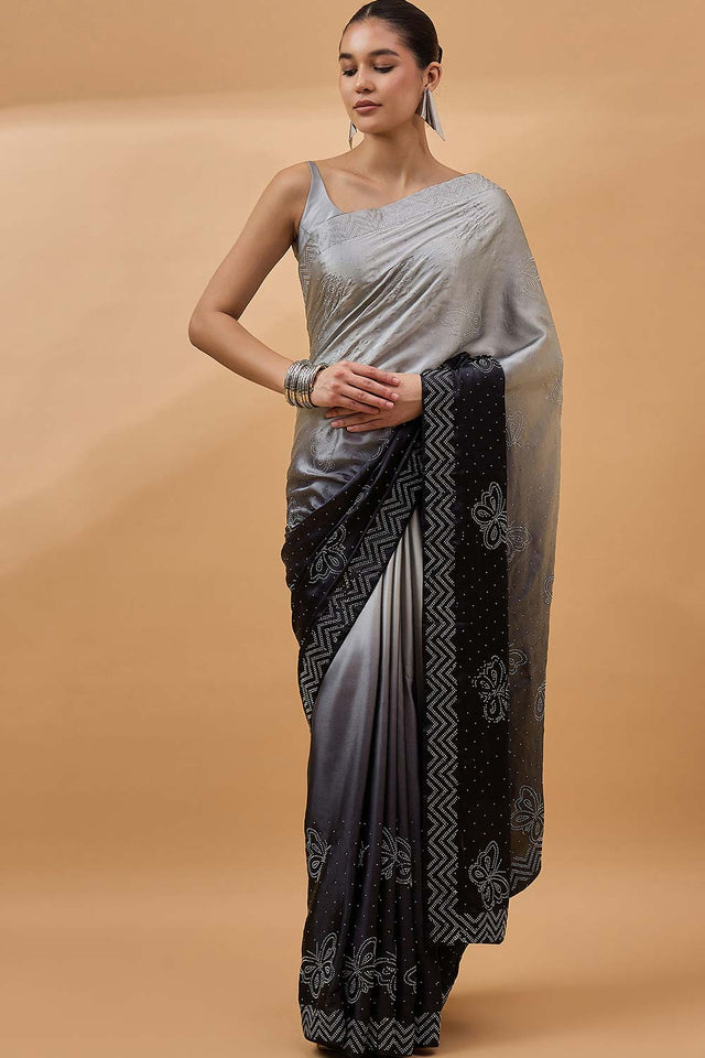 Grey Satin Woven Saree
