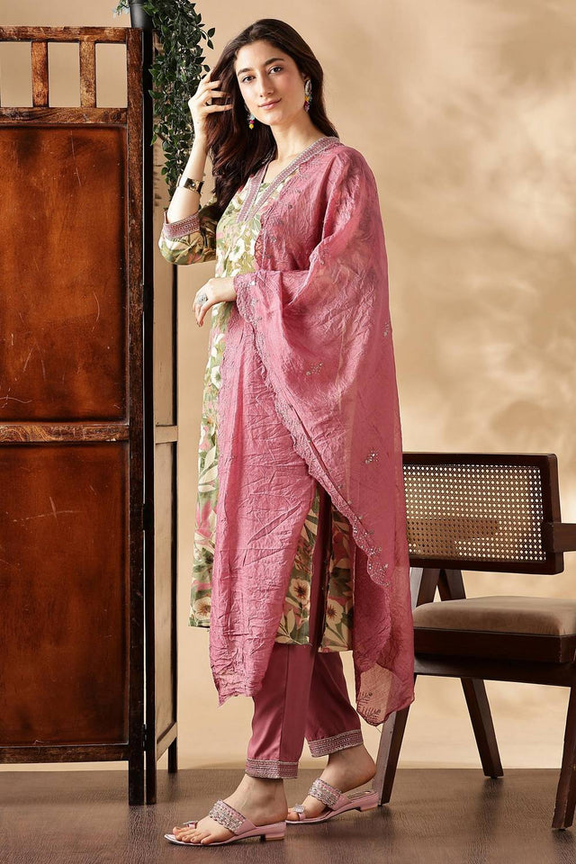 Green Floral Printed Silk Kurti Pant Set