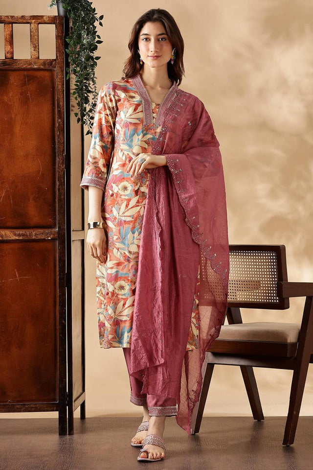 Multi Color Floral Printed Silk Kurti Pant Set