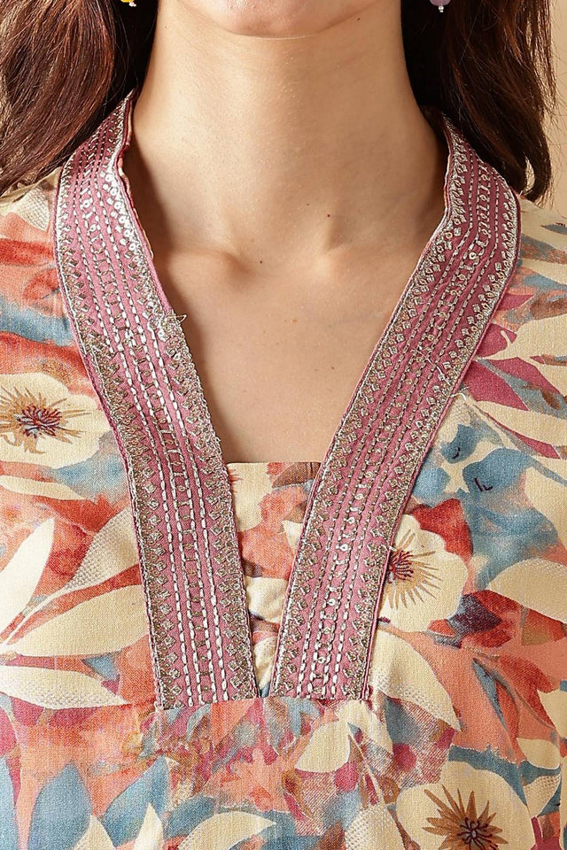 Multi Color Floral Printed Silk Kurti Pant Set