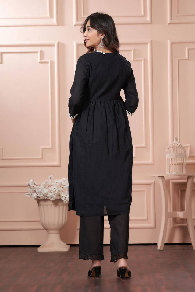 Black Embroidered Cotton Anarkali Suit Set