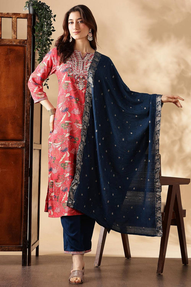 Red Floral Printed Silk Kurti Pant Set