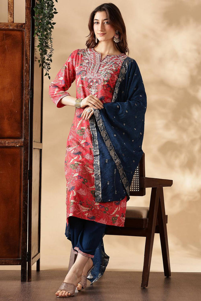 Red Floral Printed Silk Kurti Pant Set