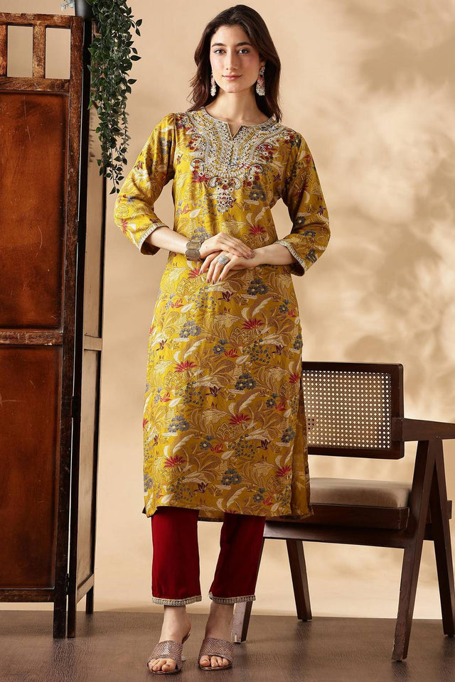 Mustard Floral Printed Silk Kurti Pant Set