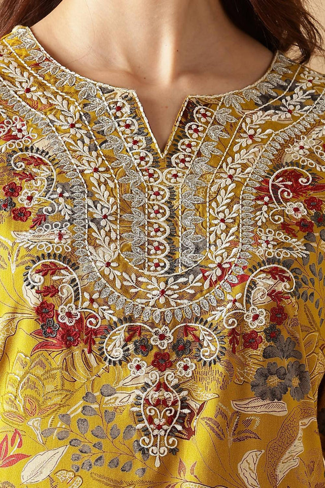 Mustard Floral Printed Silk Kurti Pant Set