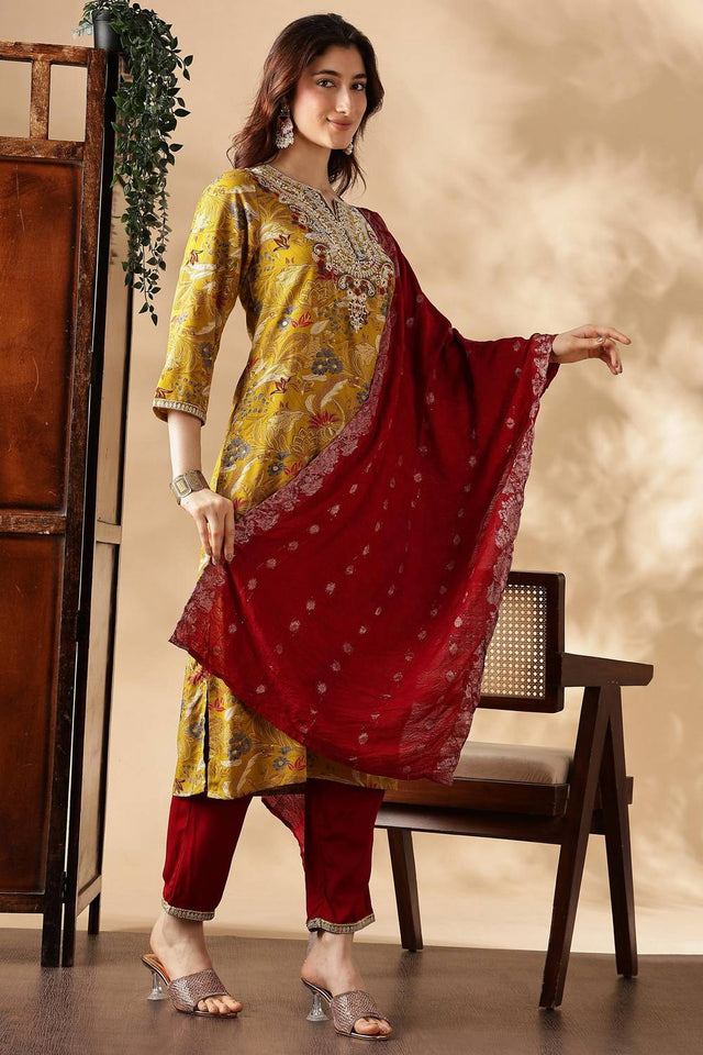 Mustard Floral Printed Silk Kurti Pant Set