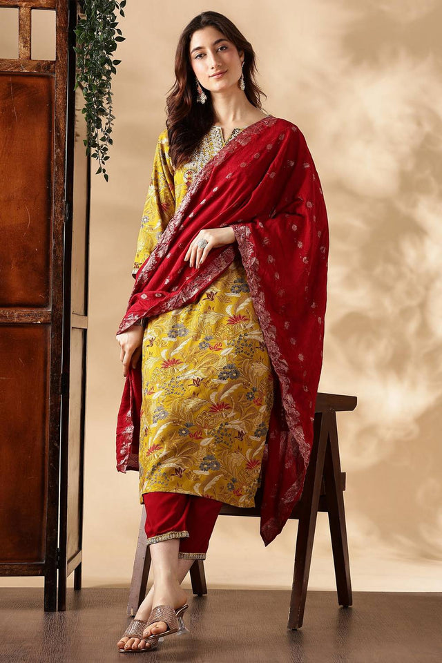 Mustard Floral Printed Silk Kurti Pant Set
