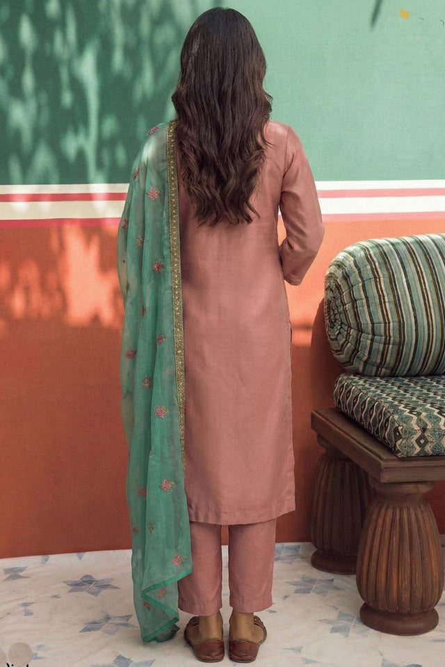 Peach Floral Embroidered Organza Kurti Pant Set (Alizeh Jasmine2-8031)