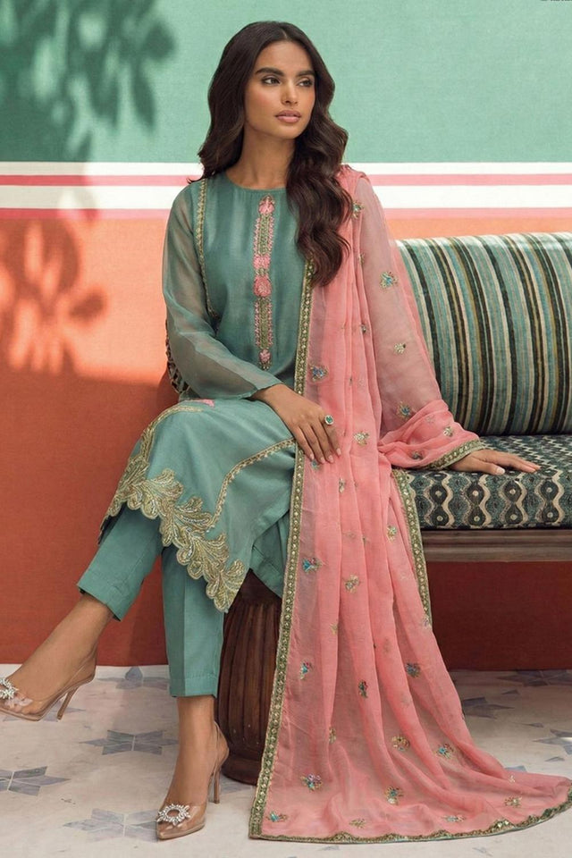 Light Blue Floral Embroidered Organza Kurti Pant Set (Alizeh Jasmine2-8032)