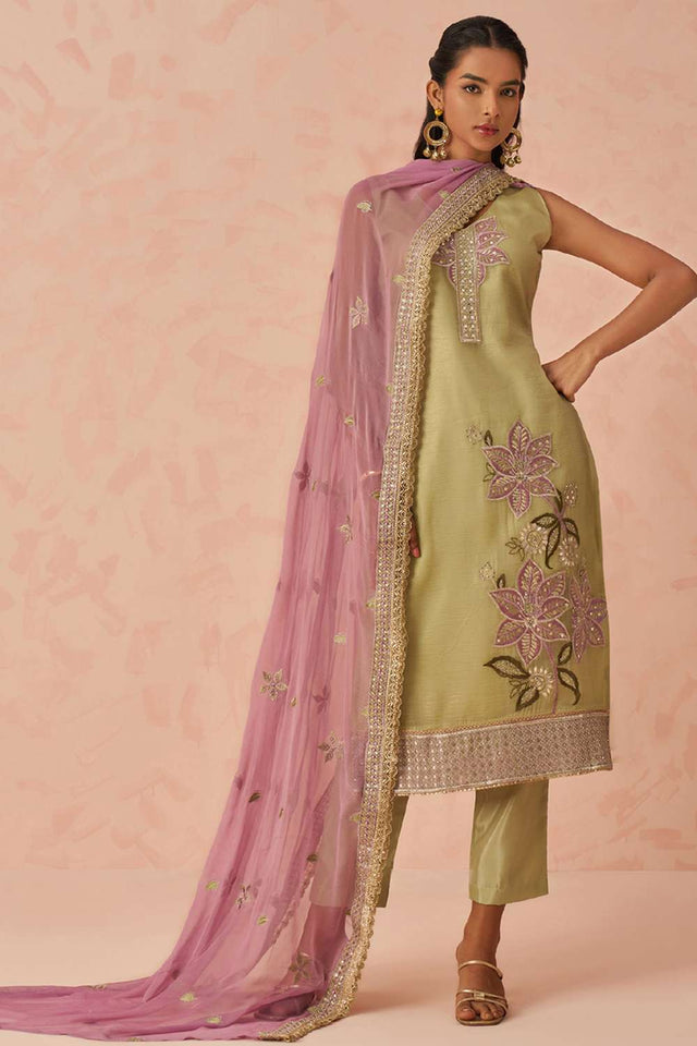 Gold Embroidered Silk Straight Cut Suit Set (Alizeh raag2-8024)
