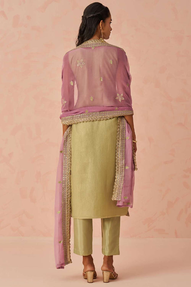 Gold Embroidered Silk Straight Cut Suit Set (Alizeh raag2-8024)