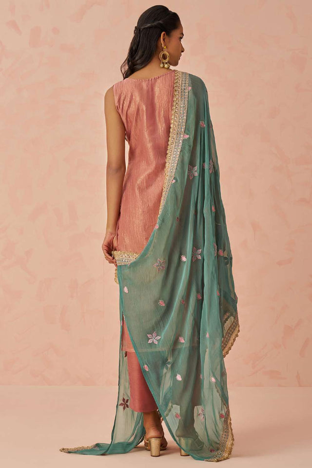 Peach Embroidered Silk Straight Cut Suit Set (Alizeh raag2-8025)