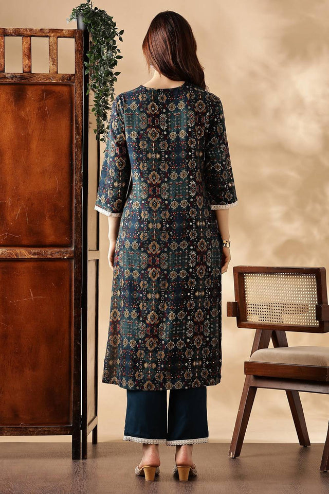 Black Floral Printed Silk Kurti Pant Set