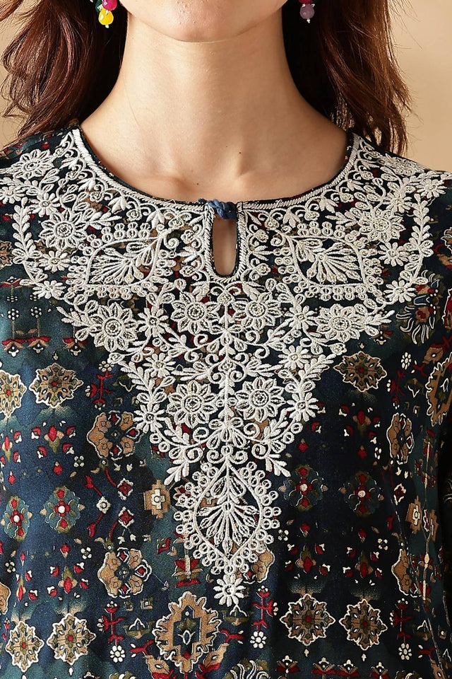 Black Floral Printed Silk Kurti Pant Set