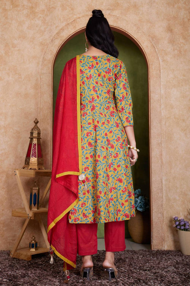 Mustard Floral Printed Cotton Kurti Pant Set