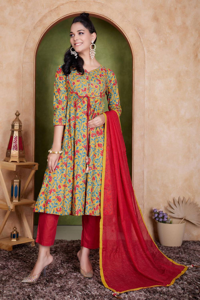 Mustard Floral Printed Cotton Kurti Pant Set