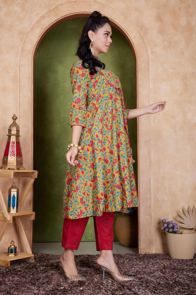 Mustard Floral Printed Cotton Kurti Pant Set