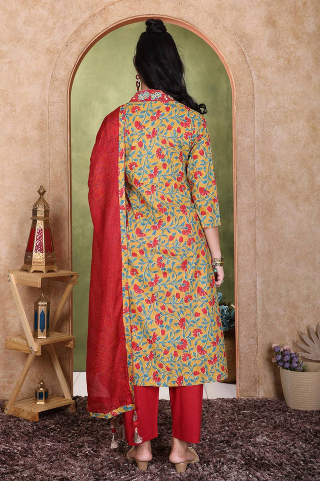 Mustard Floral Printed Cotton Anarkali Suit Set