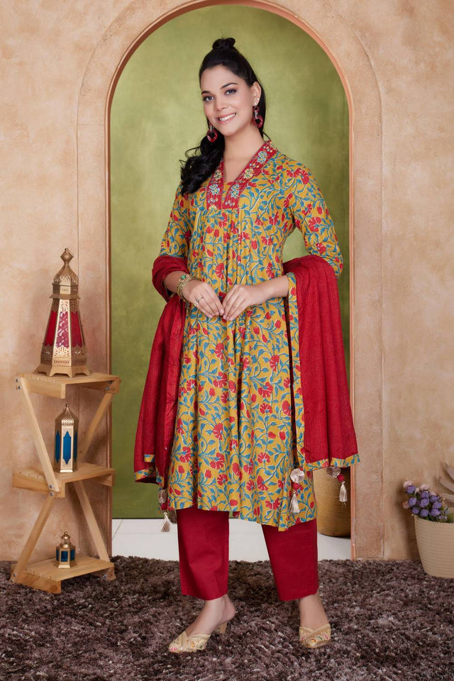 Mustard Floral Printed Cotton Anarkali Suit Set