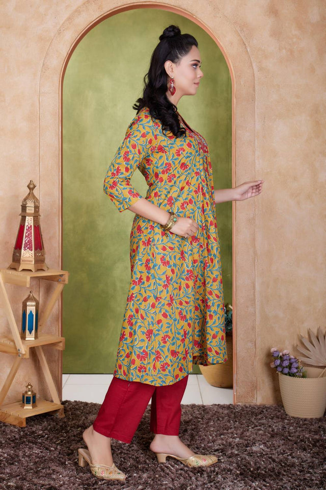 Mustard Floral Printed Cotton Anarkali Suit Set