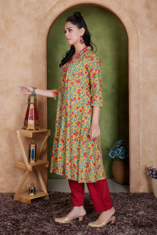 Mustard Floral Printed Cotton Anarkali Suit Set